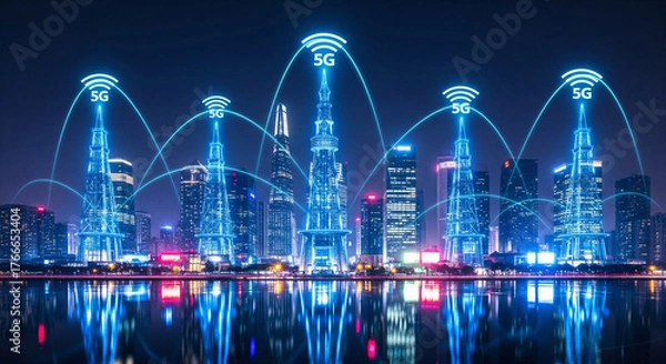 Fototapeta 5G Network Connectivity in Modern Smart City Skyline at Night