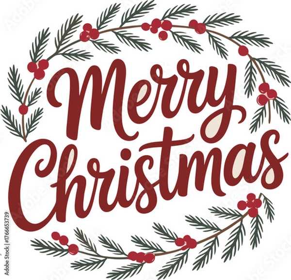 Obraz Merry Christmas Hand Lettering Typography Design with Snowflakes and Holly Leaves – Vintage Festive Quote for Cards, T-Shirts and Stickers