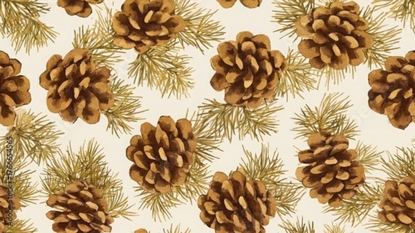 Obraz Seamless watercolor pattern with fir cones and twigs
