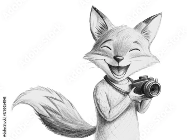 Fototapeta Cartoon fox taking a picture with a camera with a smile isolated on transparent background