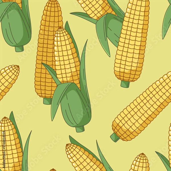Fototapeta Corn, corncob in leaves seamless pattern, background