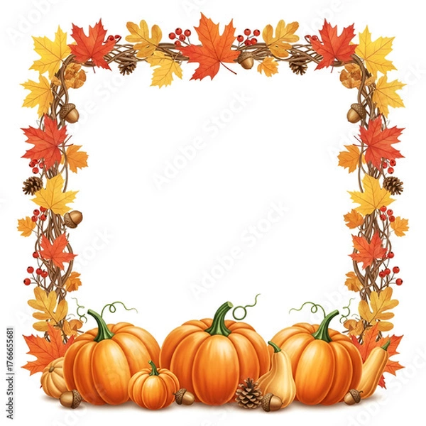 Obraz Autumn fall harvest square frame border made of colorful maple leaves oak leaves pumpkins and berries isolated on white
