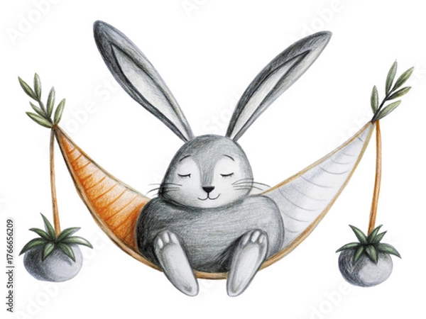 Fototapeta Cute bunny sleeping in a hammock isolated on transparent background, hand drawn pencil art