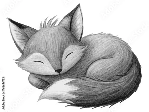 Obraz Cute fox sleeping isolated on transparent background, hand drawn pencil art for kids room