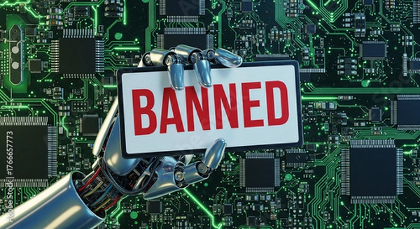 Fototapeta Futuristic Robot Hand Holding Banned Digital Sign Over Green Circuit Board