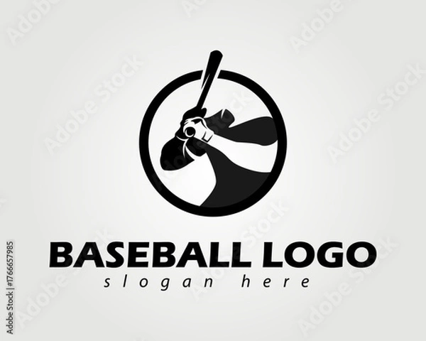 Fototapeta A simple baseball logo with a symbol of a professional swinging a baseball bat, with a circle around it, and a black and white color concept.