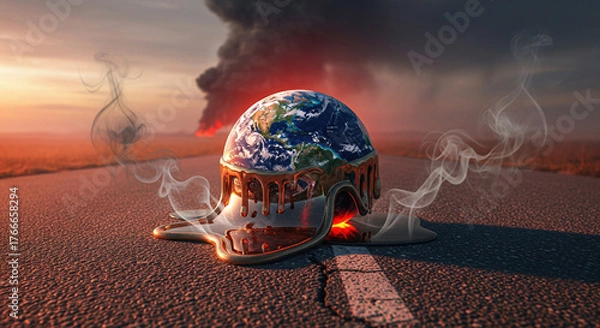 Fototapeta Melting Earth Globe on Hot Asphalt Road with Fire and Smoke Background