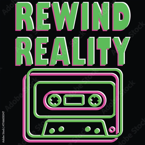 Fototapeta Rewind Reality Retro Music Tape Glitch Effect minimalist t-shirt style vector graphic art 
