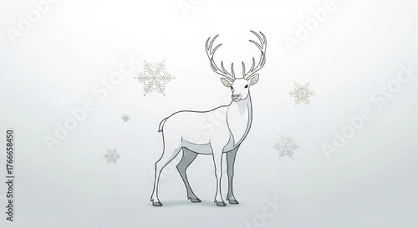 Fototapeta Christmas reindeer standing against snowflakes backdrop, winter scene of festive animal. Christmas reindeer poses in graphic design style, illustrating holiday joy.