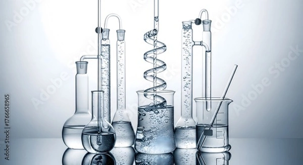 Fototapeta Detailed still life composition of various laboratory glassware filled with clear chemical liquid and bubbles essential for science experiments and research development