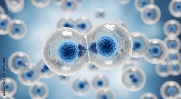 Fototapeta Dynamic 3D cell division illustration showing the mitosis process where a single cell is splitting into two daughter cells with blue nuclei