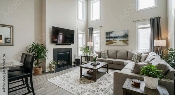 Fototapeta Elegant living room with fireplace, television, sofa, coffee table, and decor during daytime