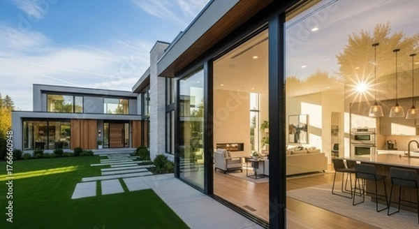 Fototapeta Modern house exterior with large sliding glass doors, lawn, and sunlight during daytime