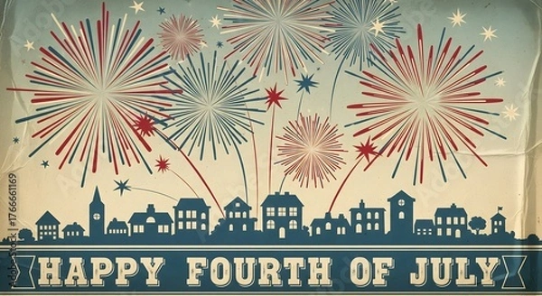 Fototapeta Happy Fourth of July text banner below a quaint vintage town silhouette skyline with an abstract patriotic red, white, and blue firework display overhead