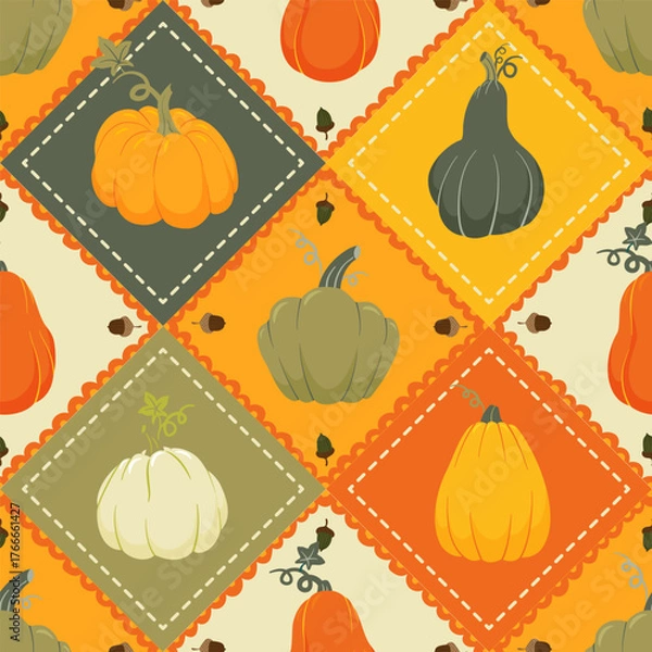 Fototapeta coquette pumpkins patchwork seamless pattern, autumn fall Thanksgiving background, blanket, textile