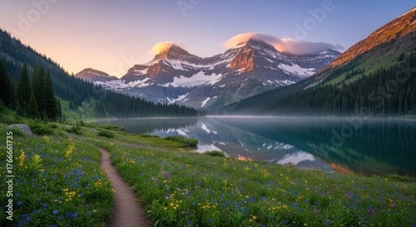 Fototapeta Scenic mountain landscape with a tranquil lake reflecting the snowcapped peaks at sunrise