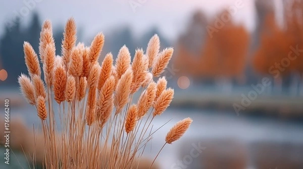Fototapeta Close Up of Tall Golden Grass Covered in Frost at Sunrise with Soft Bokeh Background of Autumn Trees and Water