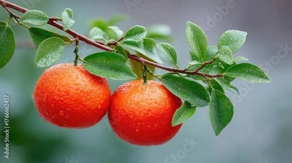 Fototapeta Close up of two bright orange citrus fruits covered in water droplets hanging from a green leafy branch in soft natural light