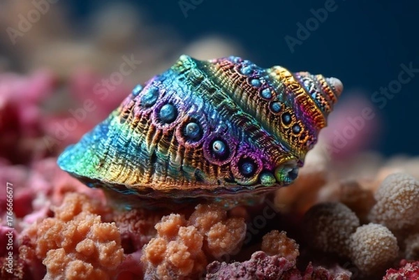 Fototapeta A marine mollusk rests on a vibrant coral reef, its iridescent shell shimmering with a spectrum of colors, adding intricate beauty and texture to the submerged habitat.