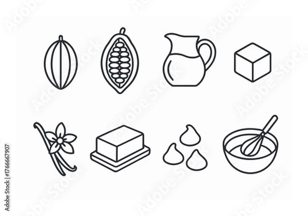 Fototapeta Line art icons of baking ingredients: vanilla, cocoa, milk, sugar, butter, chocolate chips, mixing bowl