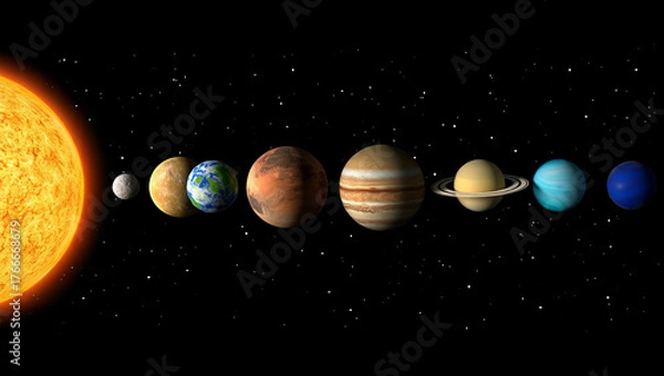 Fototapeta The visual displays the sun at one end with eight planets lined up in order. Each planet has distinct colors and features