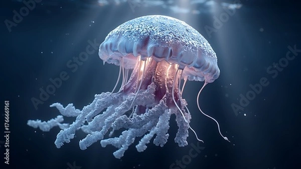 Obraz A mesmerizing jellyfish floats gracefully in the deep ocean, illuminated by beams of sunlight piercing the dark abyss, creating a magical underwater scene.