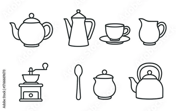 Obraz Stylized outline of teapot, coffee grinder, and kitchen utensils