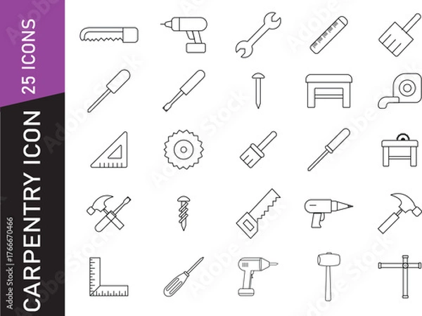 Obraz Carpentry Line Icons – 25 Minimal Vector Symbols for Woodwork, Tools, and Construction Workshop Design