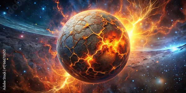 Fototapeta An explosive scene shows a planet with a fiery, cracked surface surrounded by cosmic elements. Bright flames erupt from the planet, contrasting with the dark space backdrop