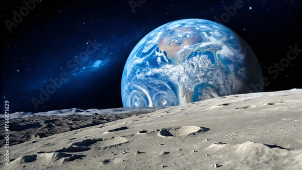 Fototapeta The majestic Earth seen from the surface of the Moon, with bright craters in the foreground and a star-filled cosmos in the background