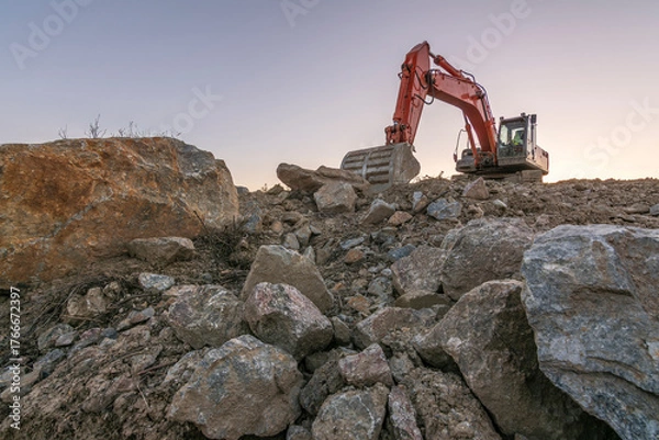 Fototapeta Heavy machinery for the construction of a road in Spain