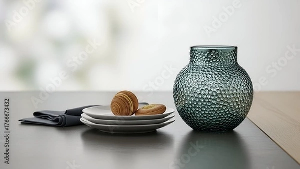 Obraz An elegant and minimalist still life composition. A teal-blue glass vase with a dimpled, honeycomb texture sits on a dark, matte tabletop next to a stack of small white plates holding two pastries.
