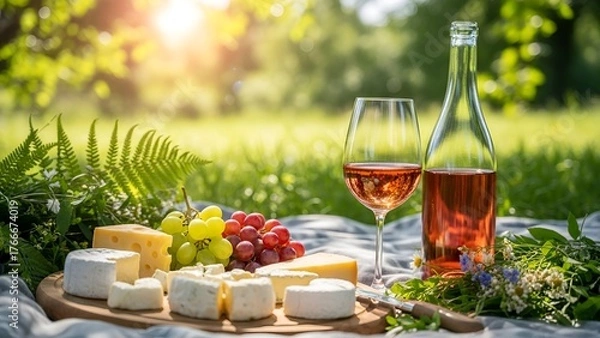 Fototapeta A picturesque and romantic picnic setting in a sunny park or garden. 