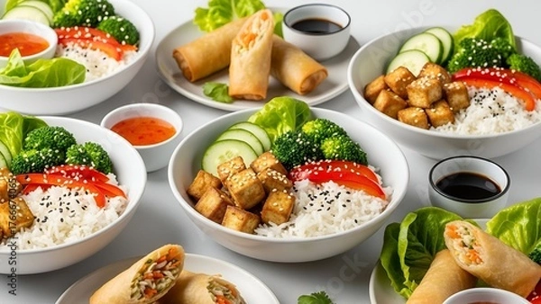 Fototapeta A clean, bright, high-angle shot showcasing multiple servings of healthy Asian-style meals.