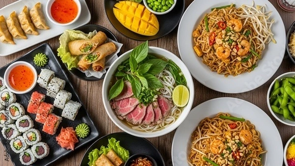 Fototapeta A dynamic top-down flat lay composition showcasing a large feast of popular Pan-Asian cuisine.