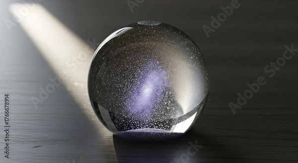 Fototapeta Transparent Snow Globe with Miniature Nebula Swirling Inside, Purple-Blue Cosmic Gas and Micro Dust Particles, Matte Dark Wood Surface