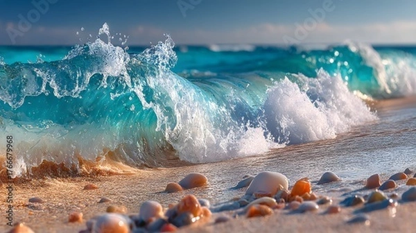 Fototapeta Refreshing, energetic photorealistic close-up of ocean waves crashing onto a sandy beach, creating white foam and capturing the raw power of the sea.