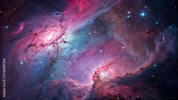 Fototapeta A stunning display of cosmic colors fills the dark sky, featuring bright stars and swirling nebulae. This breathtaking view highlights the beauty of the universe, capturing its vastness and mystery