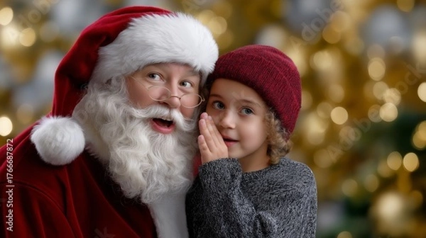 Fototapeta A santa with a red hat and a beard is talking to a little girl