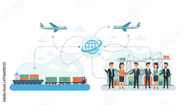 Obraz Global logistics and transportation partnership illustrated with a ship, train, airplanes, and business people shaking hands, symbolizing international trade and supply chain management with a