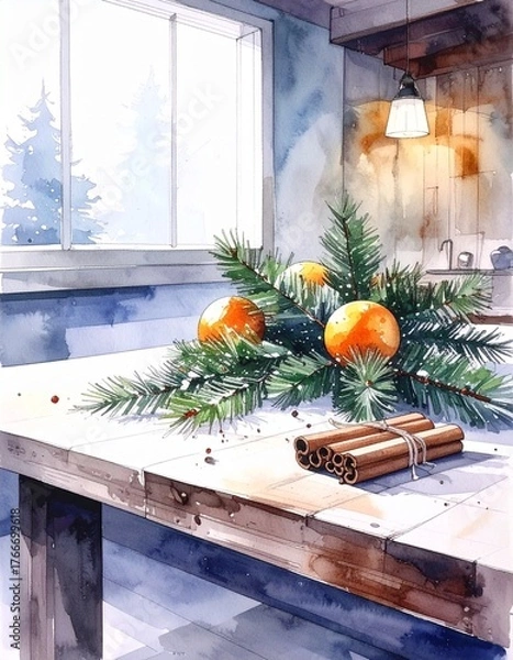 Fototapeta Asian Children Decorating Window with Paper Snowflakes – Warm Winter Holiday Scene in Watercolor Style