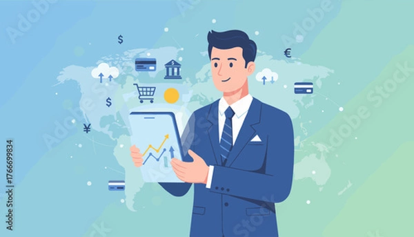 Fototapeta Digital online payment concept, a businessman in a blue suit holds a tablet displaying a financial chart with upward trends, surrounded by icons representing global finance, banking, credit cards