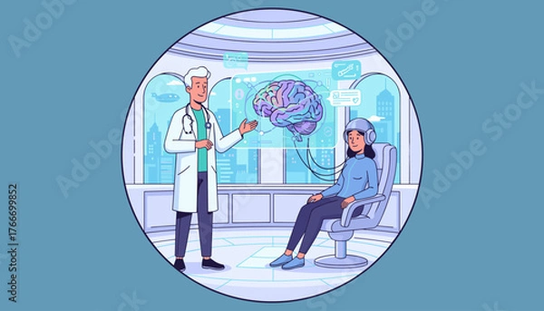 Fototapeta Doctor examining a holographic projection of a human brain, with a patient wearing a VR headset in a futuristic medical setting, showcasing advanced technology and neuroscience research for mental