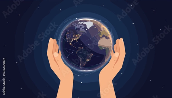 Fototapeta Caring hands cradle the Earth at night, illuminated by city lights, symbolizing global connection and protection against a starry cosmic backdrop, representing environmental stewardship and