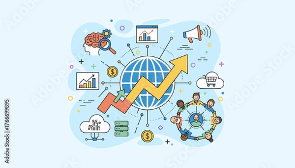Fototapeta Vibrant flat illustration depicting global business growth and economic expansion, featuring a world map, upward trending arrows, diverse team collaboration, financial symbols, cloud computing, and