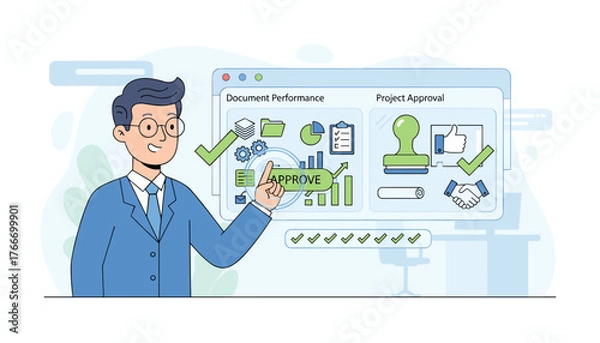 Fototapeta Vivid illustration of a businessman pointing to a digital interface showcasing document performance and project approval, featuring icons for approval, gears, charts, and a handshake, symbolizing