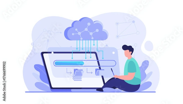 Fototapeta Modern flat illustration of a person sitting and interacting with a laptop, showing data processing and cloud downloading concept with progress bar and file transfer visualization, symbolizing