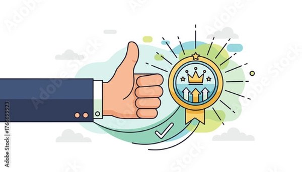 Fototapeta Conceptual illustration of a thumbs-up gesture and a golden award badge with crowns and upward arrows, symbolizing endorsement, recommendation, quality, success, and achievement in business or