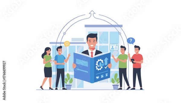 Fototapeta Vibrant illustration of a team collaborating around an open employee handbook, symbolizing onboarding, training, and business growth with icons for success, gears, and data analysis, set against a