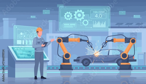 Fototapeta Industry 4.0 concept: Engineer in hard hat supervises automated car manufacturing with robotic arms performing welding on a car assembly line, futuristic factory interior with digital displays and